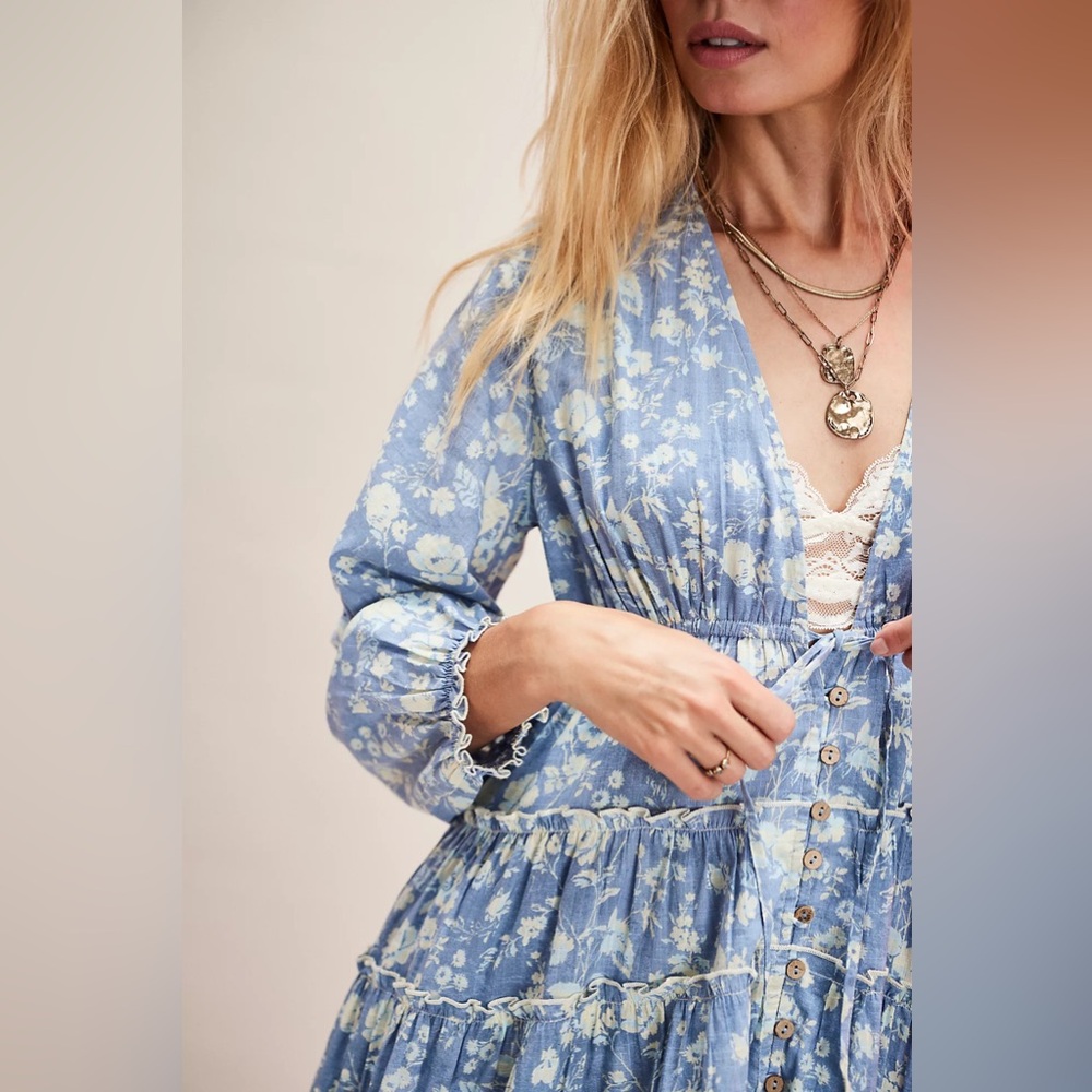 Free People Pale Blue Floral Tiered Long Sleeve Maxi Dress - Picture 6 of 6
